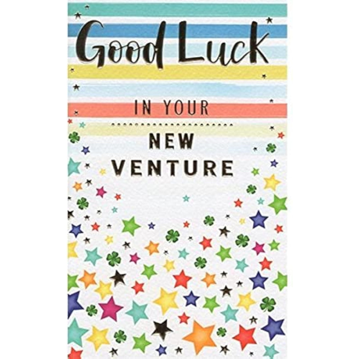 ICG Good Luck in Your New Venture greetings card with large silver text, measuring 7.75 by 4.75 inches, featuring a motivational design.