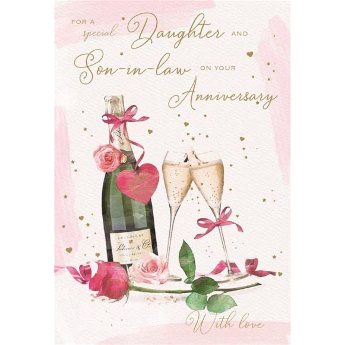 ICG greeting card for daughter and son-in-law on anniversary, featuring champagne bottle and toasting glasses with foil details.