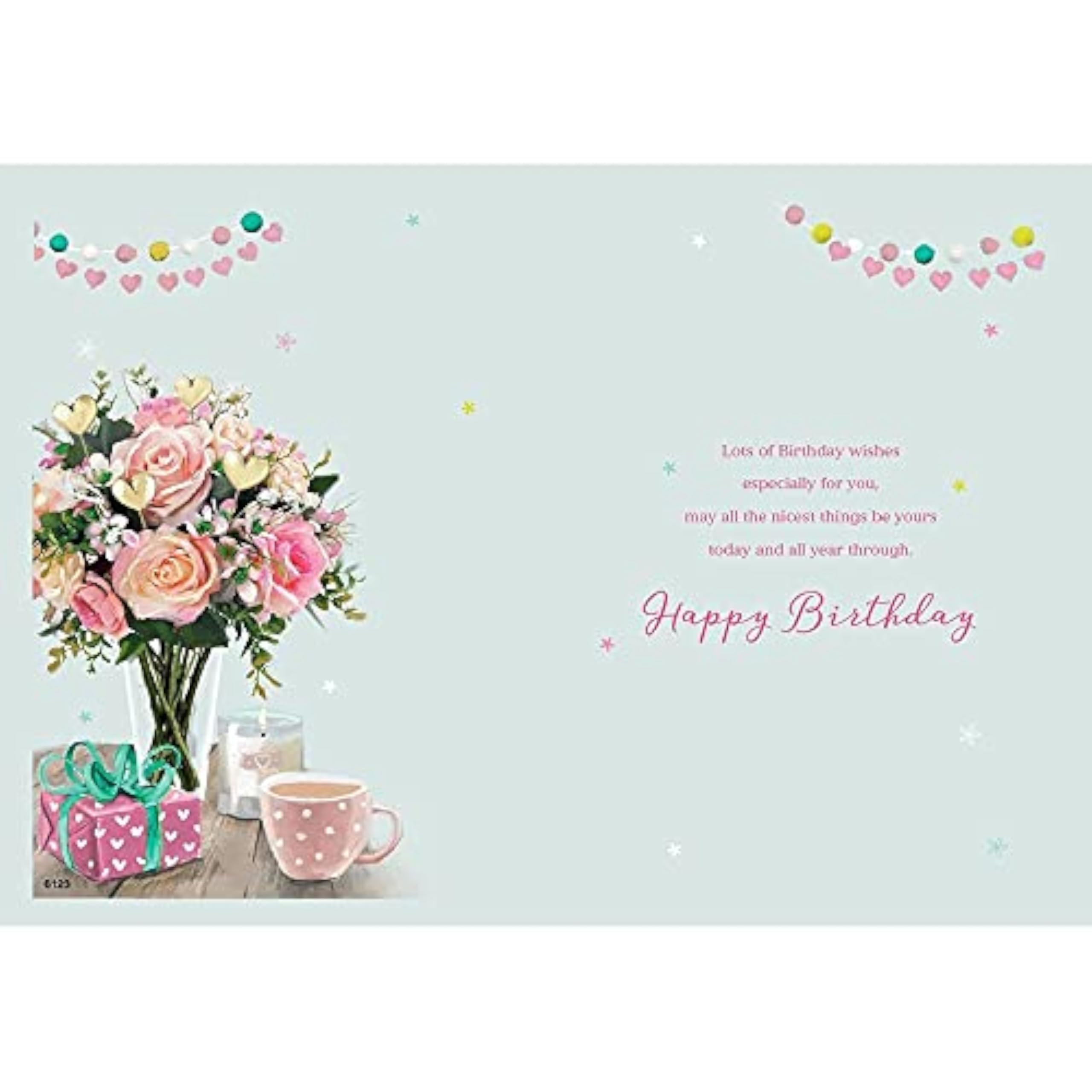 ICG Female Just for You birthday card featuring a vase of flowers, balloons, and presents, perfect for celebrating special occasions.