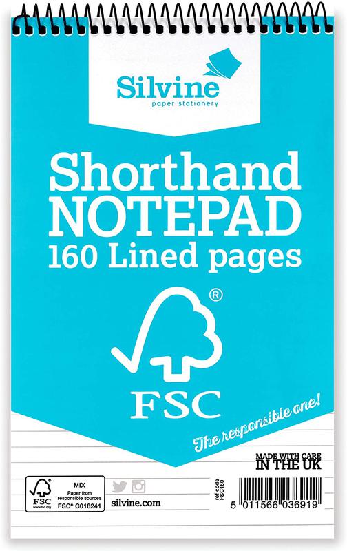 Silvine FSC 127x203mm Wirebound Card Cover Reporters Shorthand Notebook Ruled 160 Pages Blue (Pack 10) - FSC160