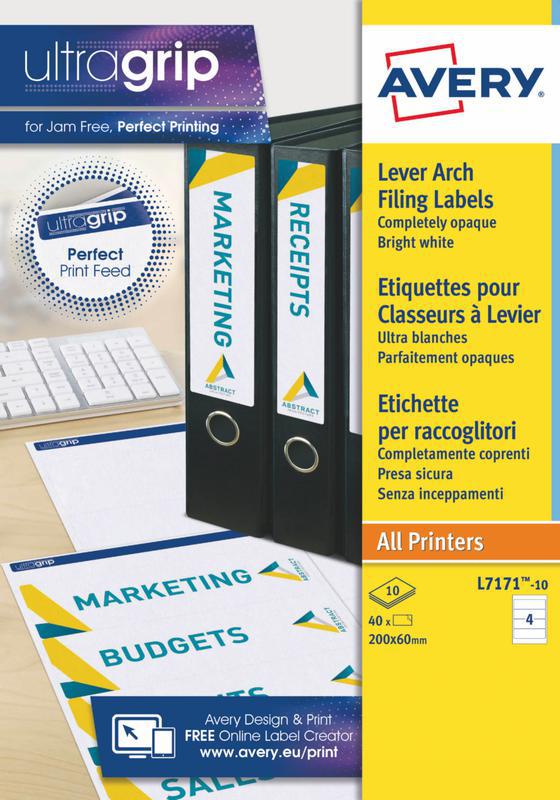 Avery Laser Filing Label Lever Arch File 200x60mm 4 Labels per Sheet White (Pack 40 Labels) L7171-10
