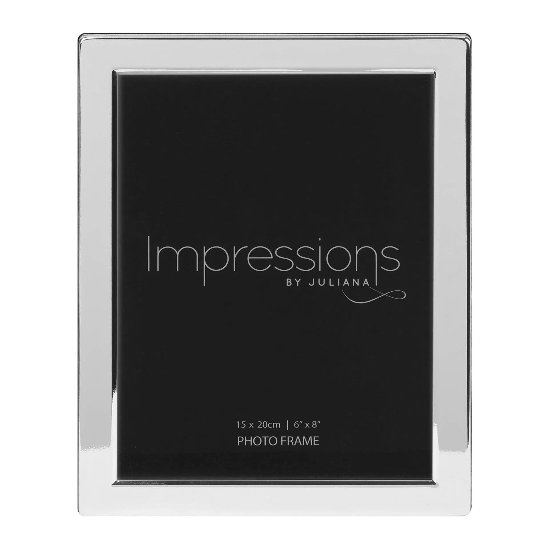 Silverplated Impressions® 6x8-inch flat edge photo frame displaying a family photo on a white background.