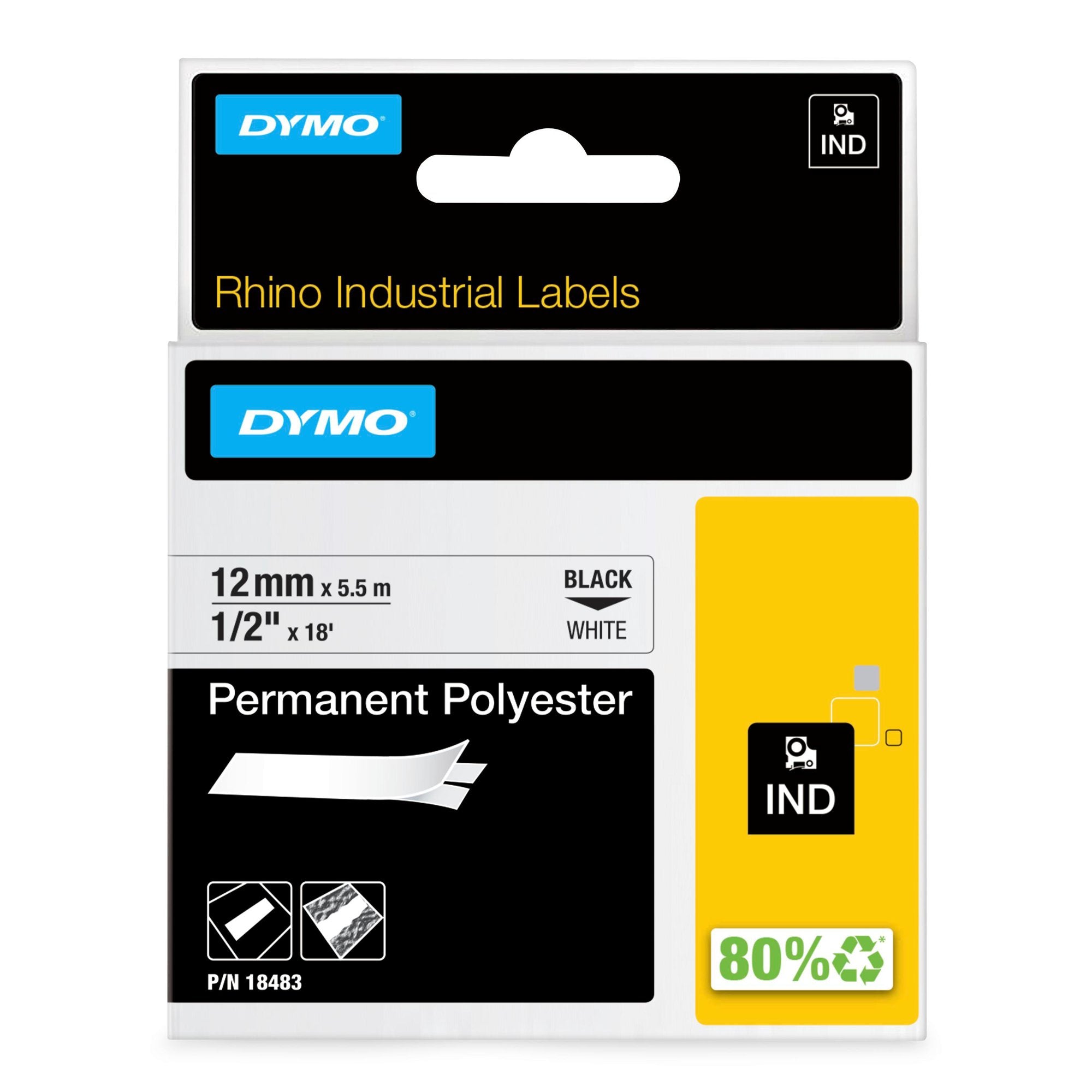 Dymo Rhino Industrial Permanent Polyester Tape 12mmx5.5m White 18483