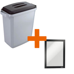 Durable DURABIN Plastic Waste Recycling Bin 60 Litre Grey with Black Lid & Black A5 DURAFRAME Self-Adhesive Sign Holder - VEH2023004 DD