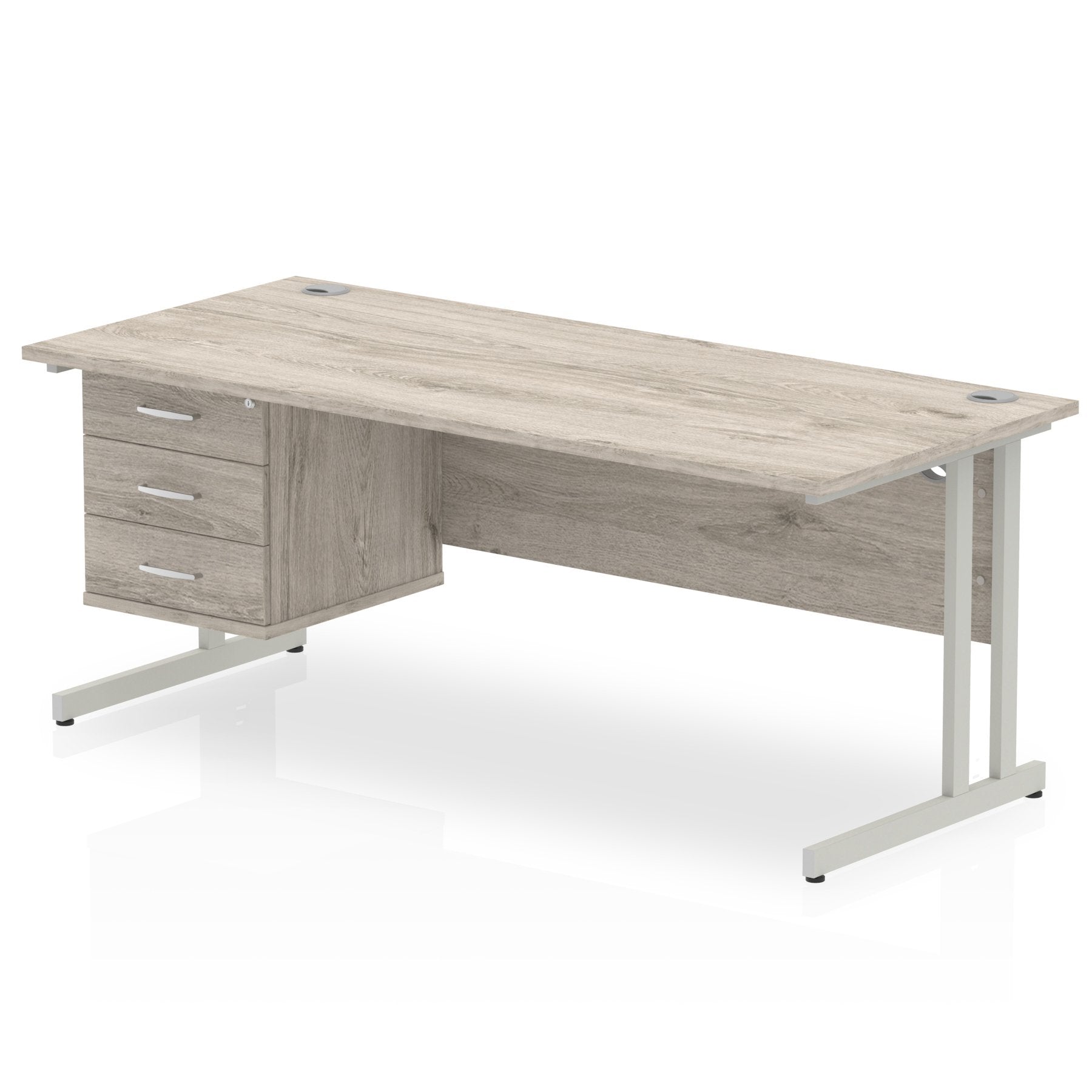 Dynamic Impulse W1800 x D800 x H730mm Straight Office Desk Cantilever Leg With 1x3 Drawer Single Fixed Pedestal Grey Oak Finish Silver Frame - I003512 DD