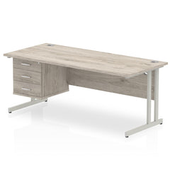Dynamic Impulse W1800 x D800 x H730mm Straight Office Desk Cantilever Leg With 1x3 Drawer Single Fixed Pedestal Grey Oak Finish Silver Frame - I003512 DD