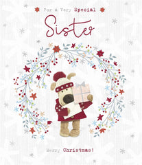 Boofle With Envelope and Gift Sister Christmas Card – Cute Festive Design