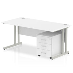 Impulse Cantilever Straight Office Desk W1800 x D800 x H730mm White Finish Silver Frame With 3 Drawer Mobile Pedestal - MI000977 DD