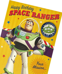 Buzz LightYr Birthday Card - Toy Story Birthday Card - Pixar Birthday Card - Disney Birthday Card for Boys - Badge Included, Multi (697480-0-1)
