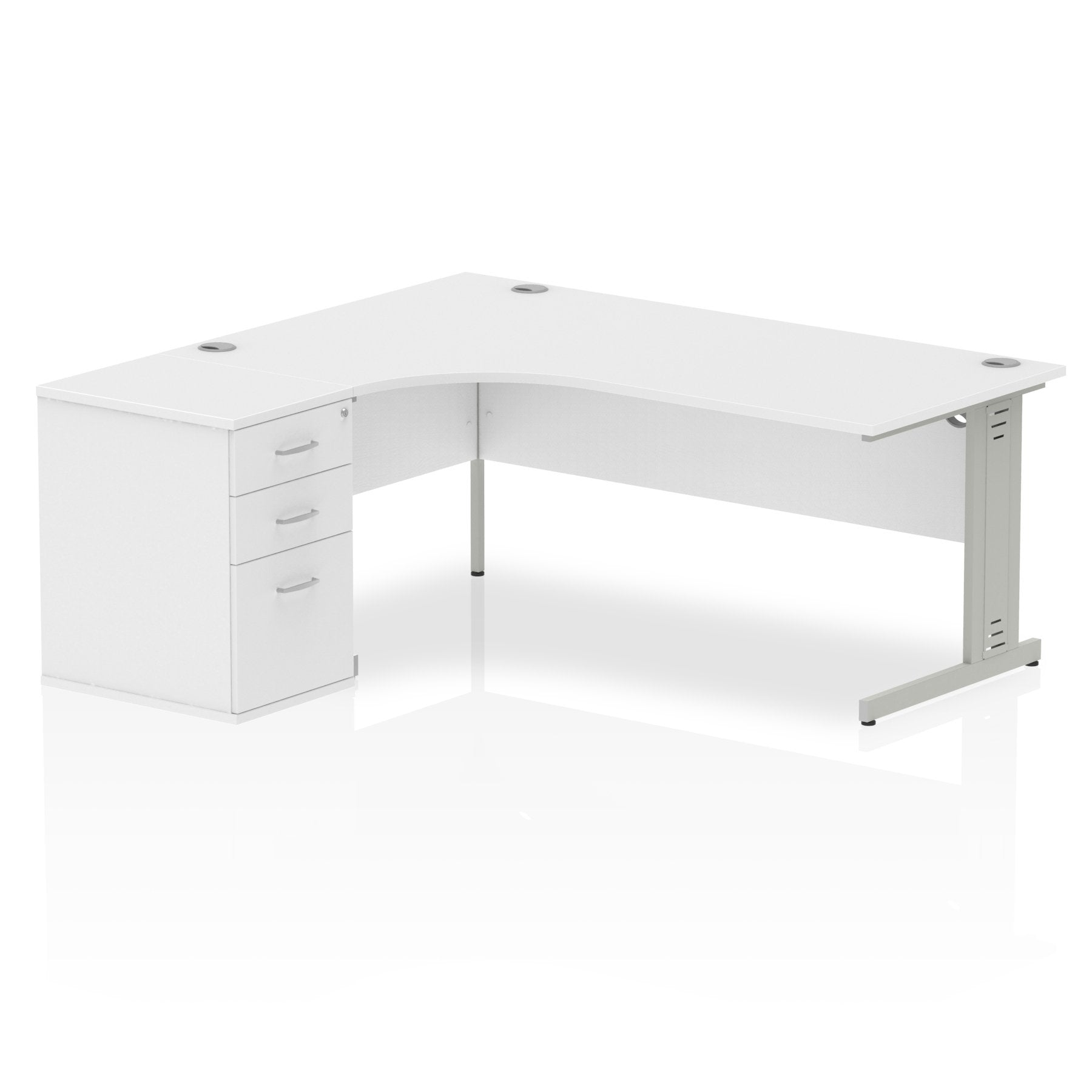 Dynamic Impulse 1800mm Left Crescent Desk White Top Silver Cable Managed Leg Workstation 600mm Deep Desk High Pedestal Bundle I000638 DD