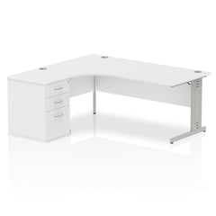 Dynamic Impulse 1800mm Left Crescent Desk White Top Silver Cable Managed Leg Workstation 600mm Deep Desk High Pedestal Bundle I000638 DD