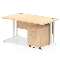 Impulse Cantilever Straight Office Desk W1400 x D800 x H730mm Maple Finish White Frame With 2 Drawer Mobile Pedestal - I003911 DD