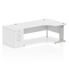 Dynamic Impulse 1800mm Right Crescent Desk White Top Silver Cable Managed Leg Workstation 800mm Deep Desk High Pedestal Bundle I000674 DD