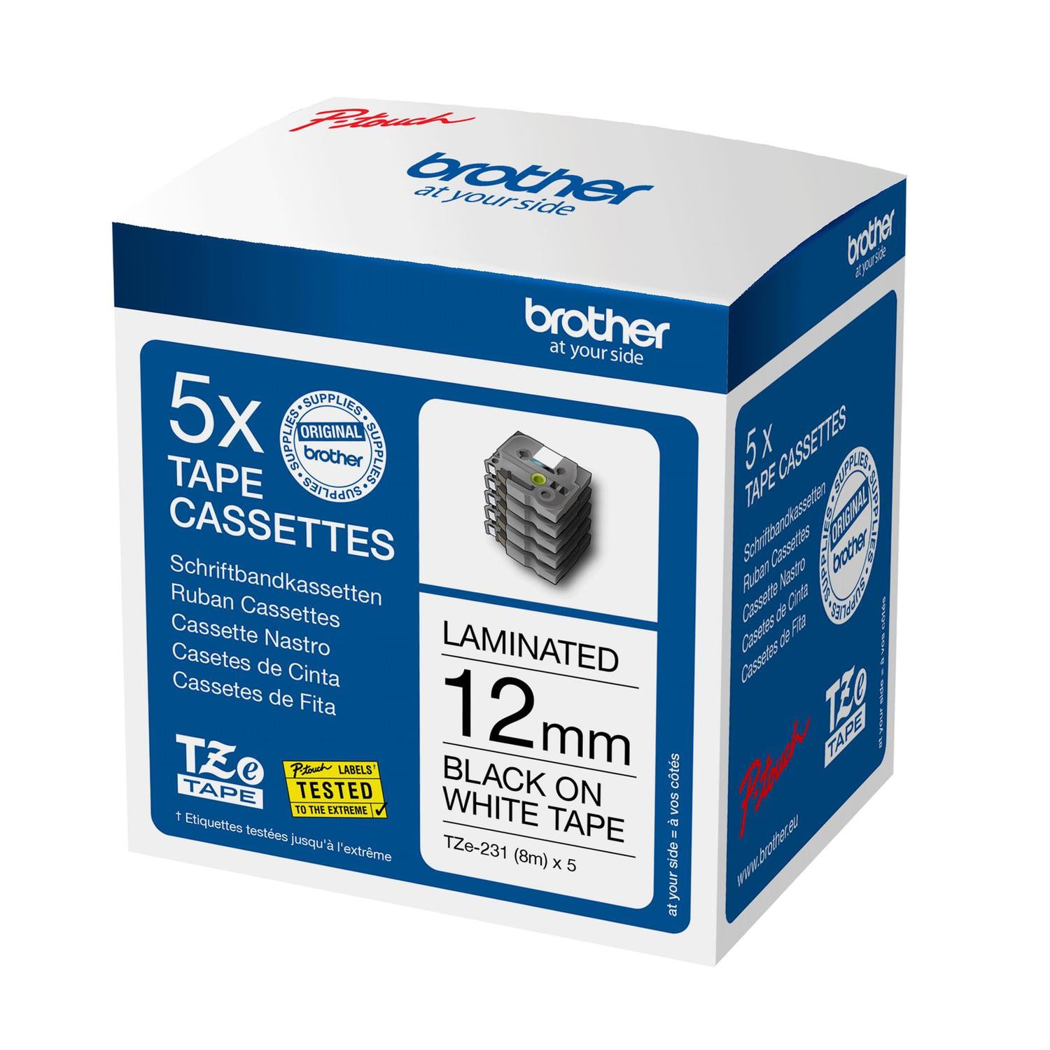 Brother Black On White Label Tape 12mm x 8m (Pack x 5) - TZE231M5