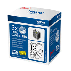 Brother Black On White Label Tape 12mm x 8m (Pack x 5) - TZE231M5