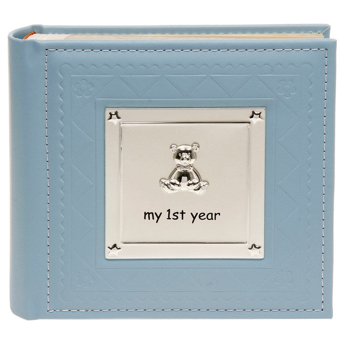 Joe Davis My First Year blue baby photo album with a soft cover and adorable design for capturing baby’s first year memories.