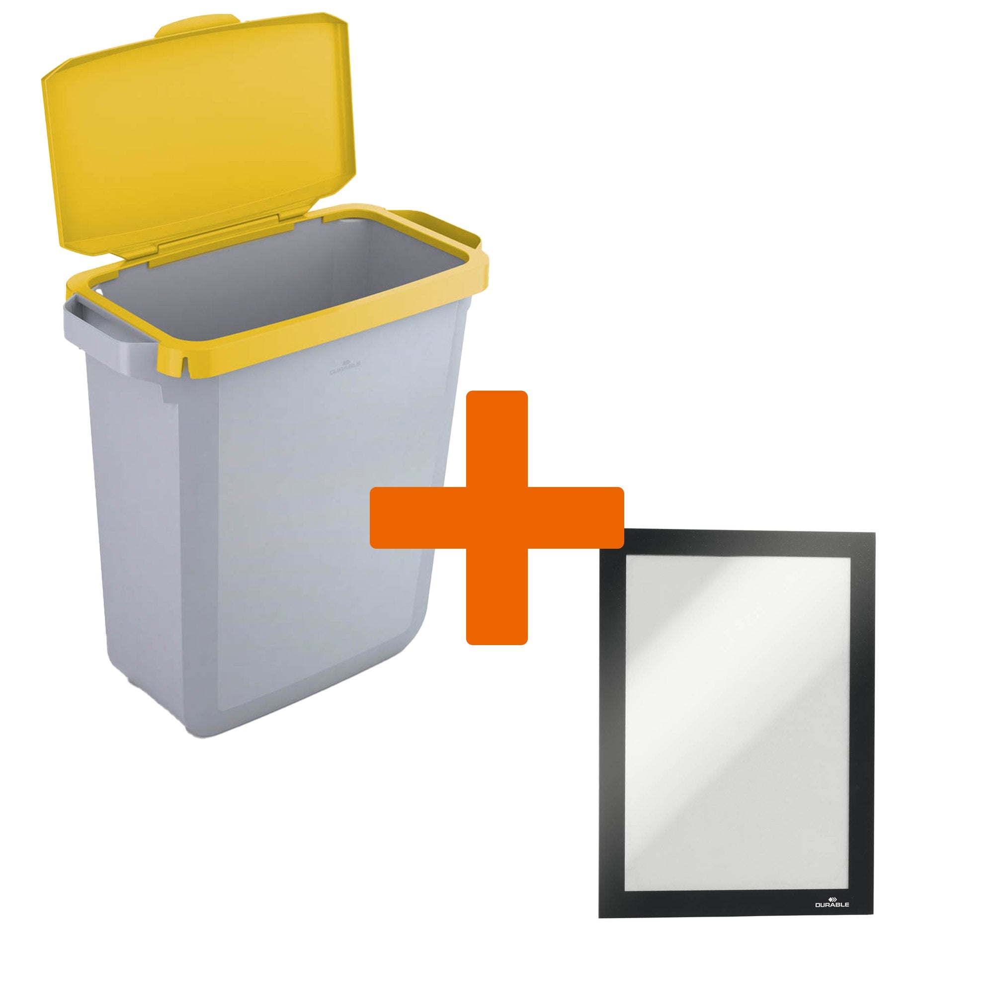Durable DURABIN Plastic Waste Recycling Bin 60 Litre Grey with Yellow Hinged Lid & Black A5 DURAFRAME Self-Adhesive Sign Holder - VEH2023005 DD