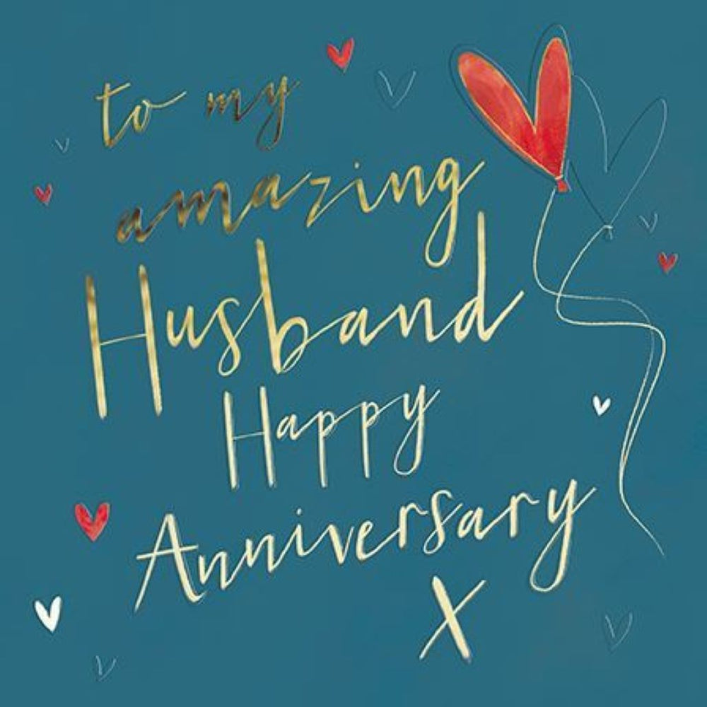 Anniversary Card for Husband – Romantic Hearts & Gold Script Design