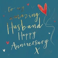 Anniversary Card for Husband – Romantic Hearts & Gold Script Design