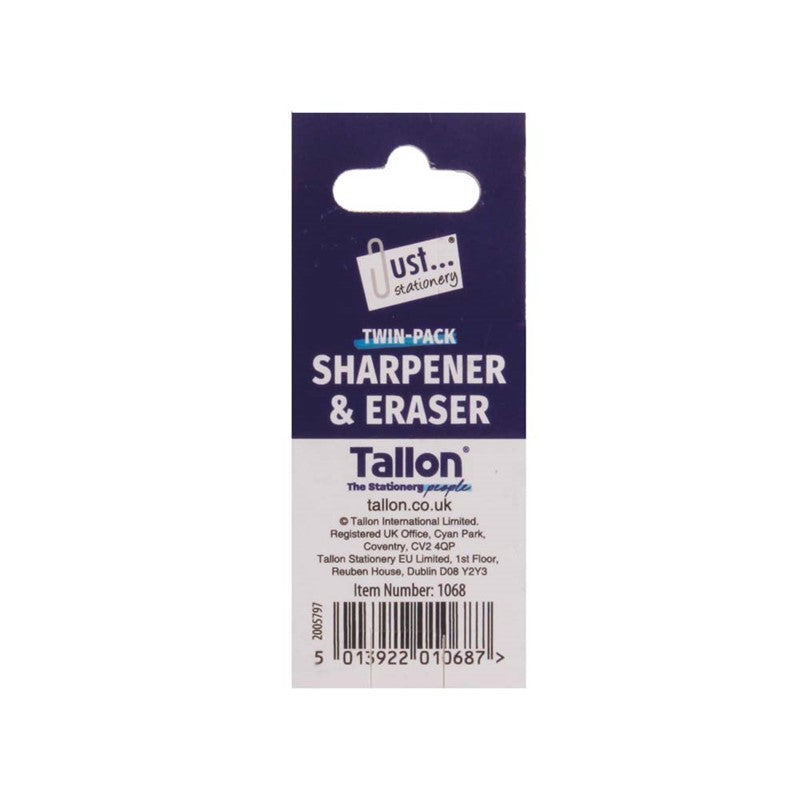 Just Stationery eraser and sharpener set, featuring a white eraser and compact metal sharpener for pencil precision.
