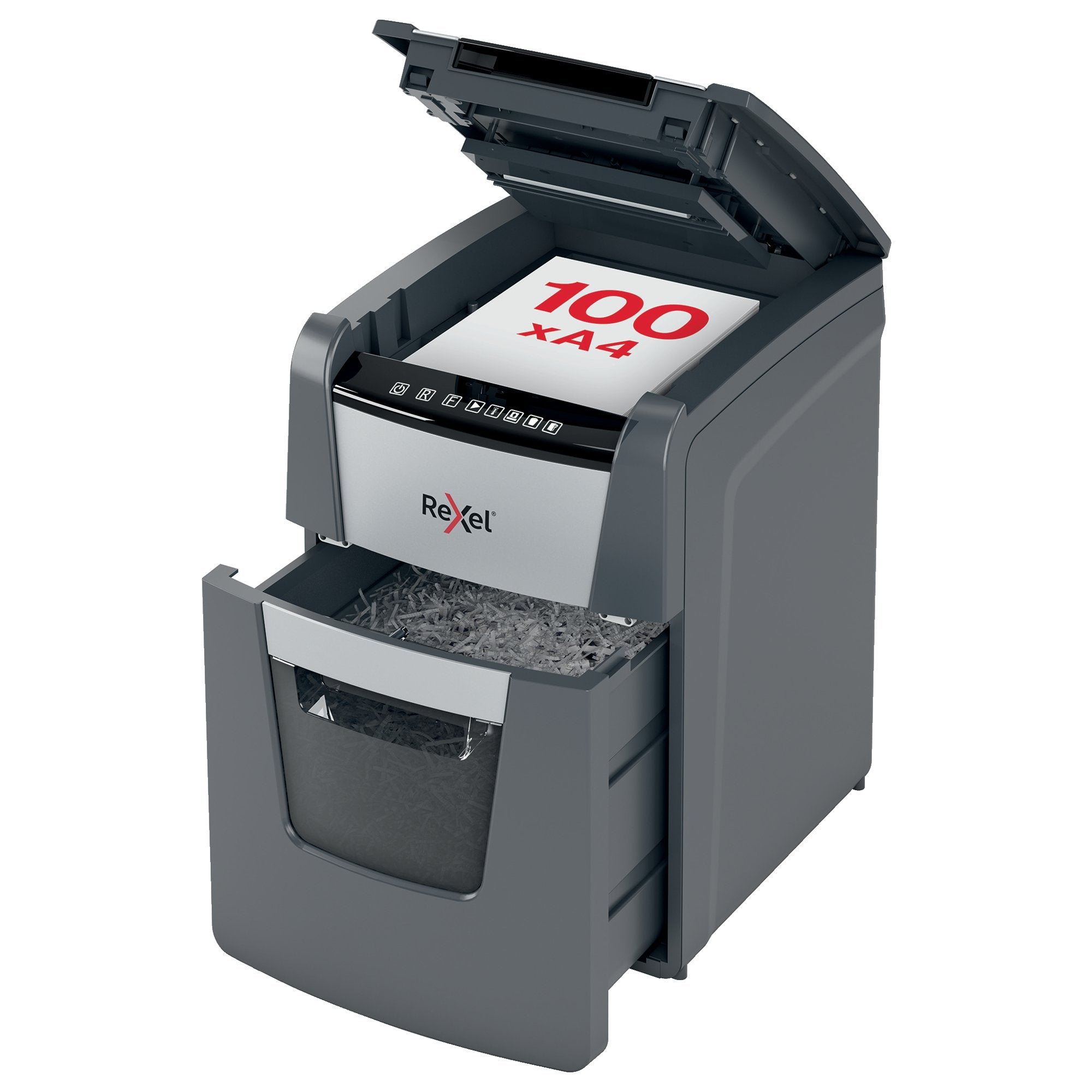 Rexel Optimum AutoFeed Plus 100M Micro Cut Shredder 34 Litre 100 Sheet Automatic/6 Sheet Manual Black 2020100M