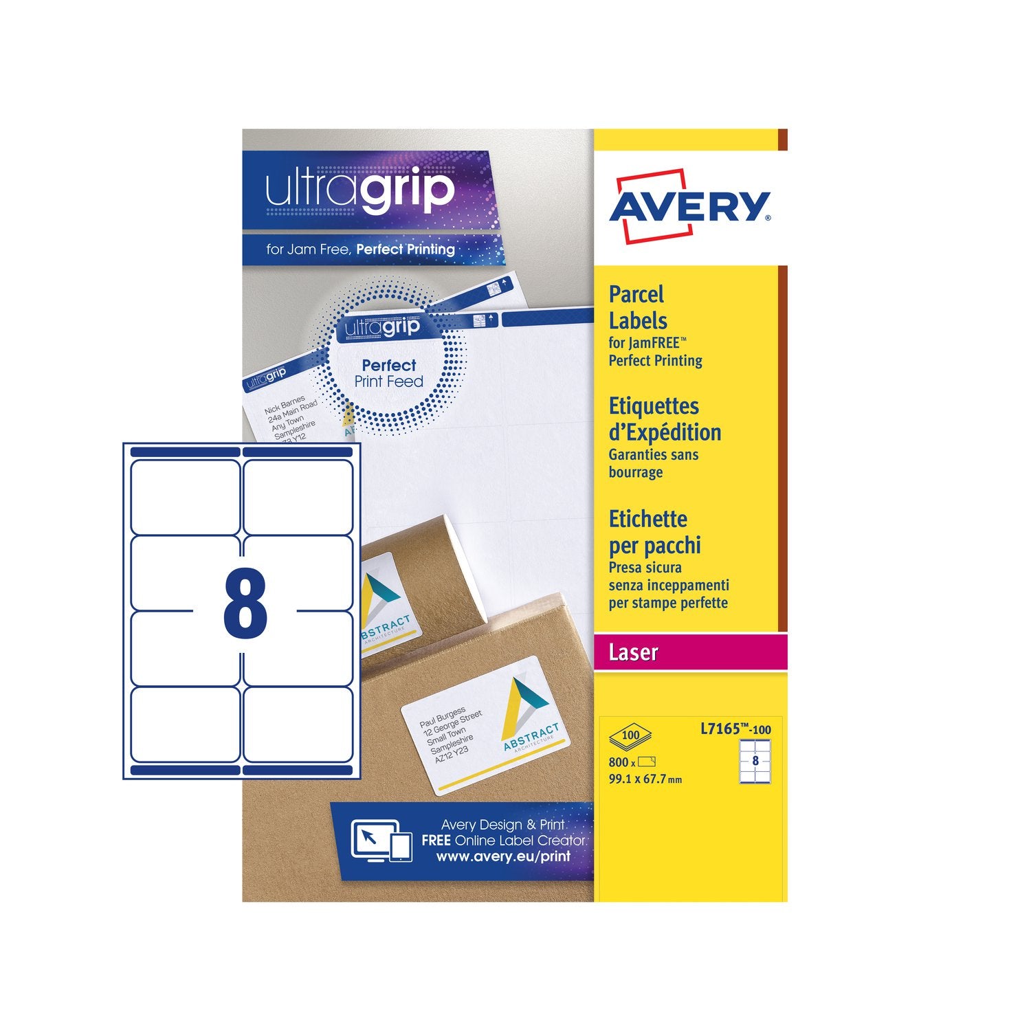 Avery Laser Parcel Label 99x67.7mm 8 Per A4 Sheet White (Pack 800 Labels) L7165-100