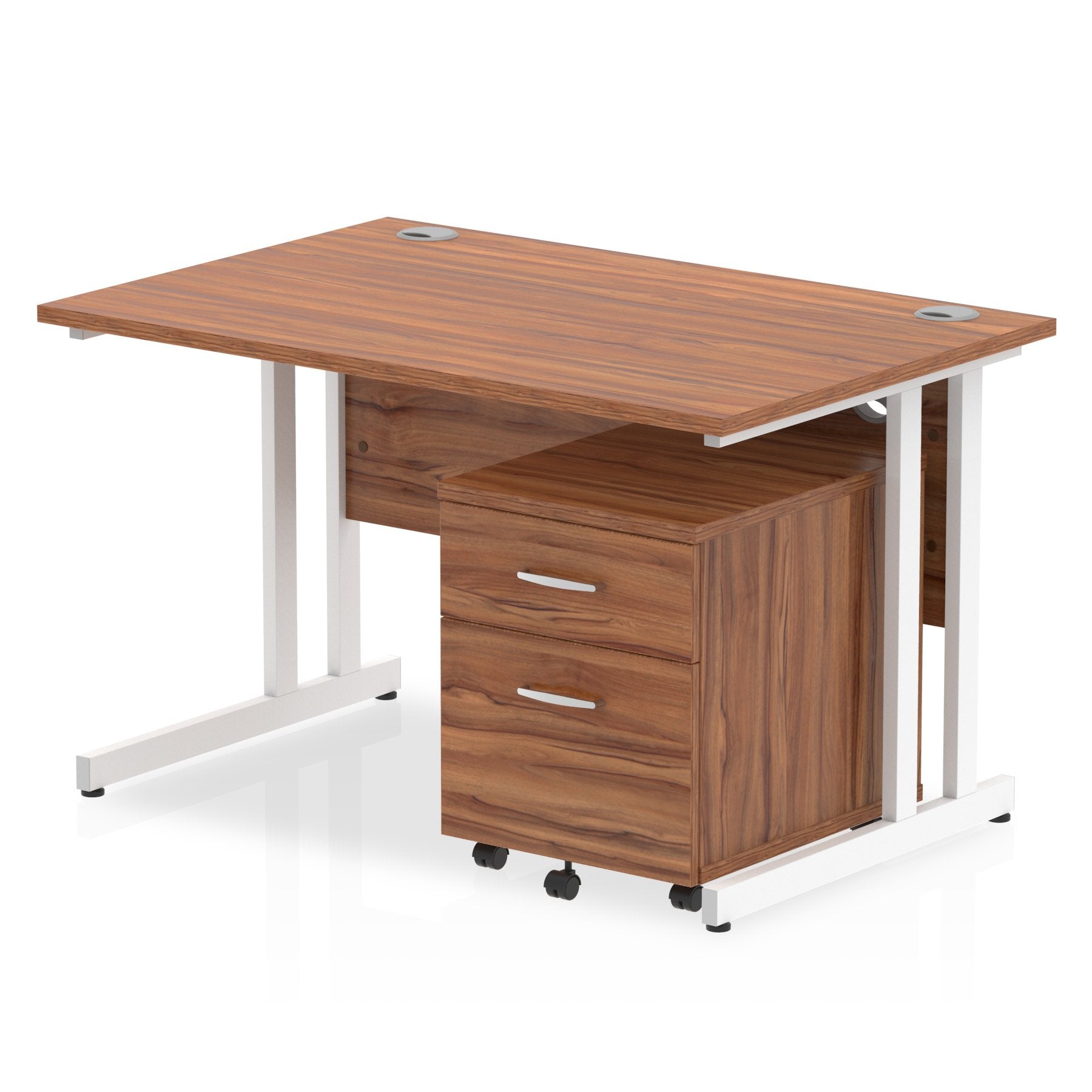 Impulse Cantilever Straight Office Desk W1200 x D800 x H730mm Walnut Finish White Frame With 2 Drawer Mobile Pedestal - I003906 DD