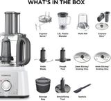 Kenwood FDP65.860WH white food processor with 9 attachments, 1.5L jug blender, mini chopper, and express serve and dice features.