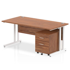 Impulse Cantilever Straight Office Desk W1600 x D800 x H730mm Walnut Finish White Frame With 2 Drawer Mobile Pedestal - I003924 DD