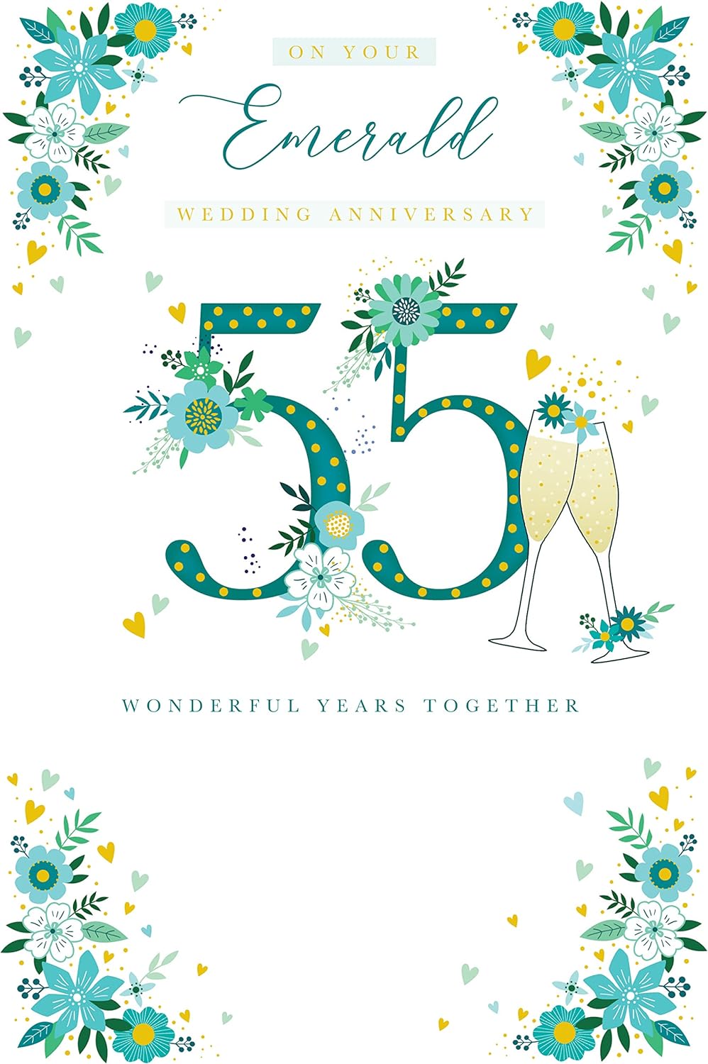 Kingfisher Emerald 55th Anniversary greeting card with champagne foil finish and heartfelt verse, featuring elegant floral design.