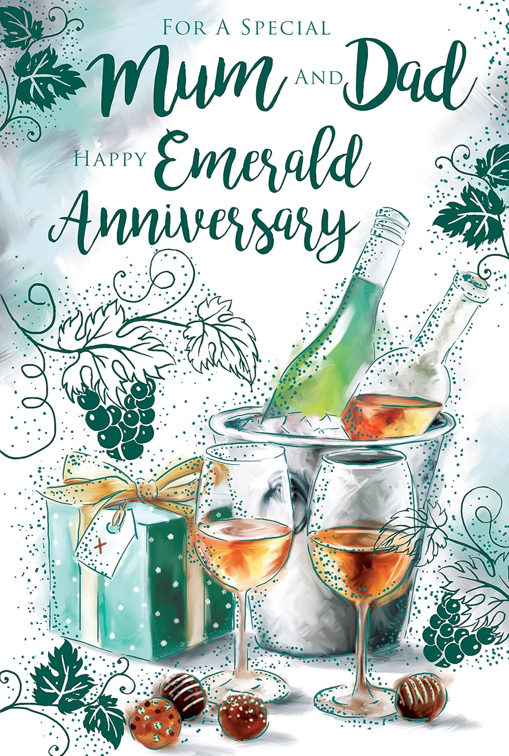 Kingfisher greeting card featuring Mum and Dad celebrating 55th Emerald Wine Cooler anniversary with festive design and cheerful message