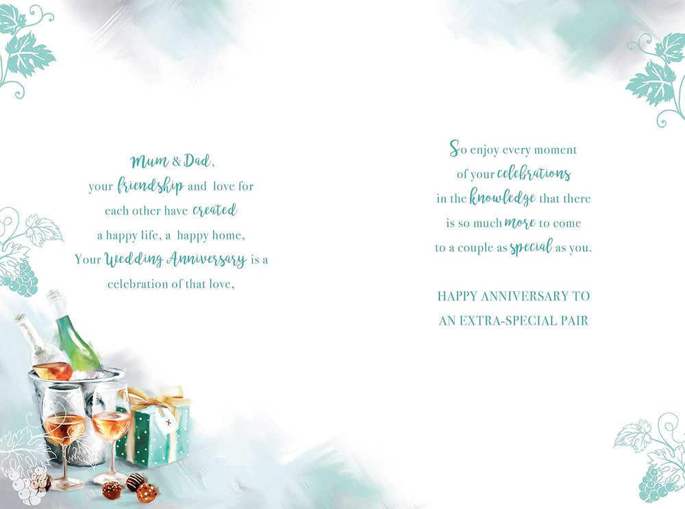 Kingfisher greeting card featuring Mum and Dad celebrating 55th emerald wine cooler anniversary with festive design.