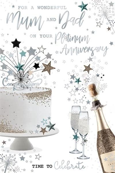 Kingfisher Mum & Dad Platinum 70th Champagne Cake anniversary greeting card with festive design and elegant lettering.
