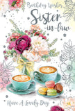 Kingfisher Sister-in-Law Happy Birthday card with colorful coffee and macaroon illustrations, 9x6 inches, greeting card design