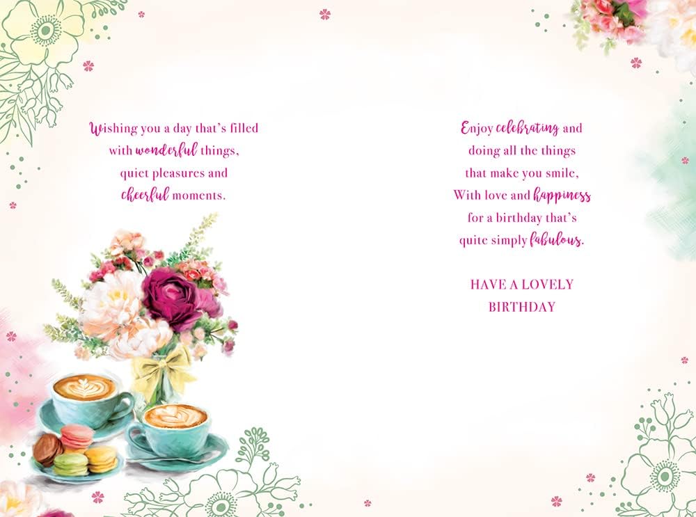 Kingfisher Sister-in-Law Happy Birthday greeting card with coffee and macaroons design, 9x6 inches, featuring colorful illustrations.