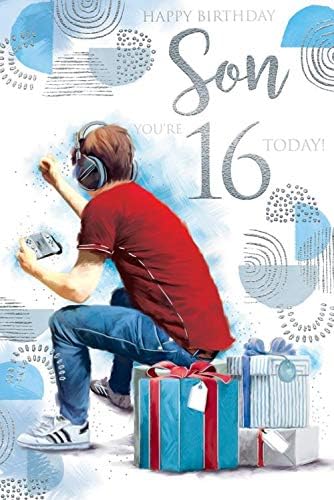Kingfisher Son 16th birthday greeting card with colorful presents and happy birthday design, perfect for celebrating a special occasion