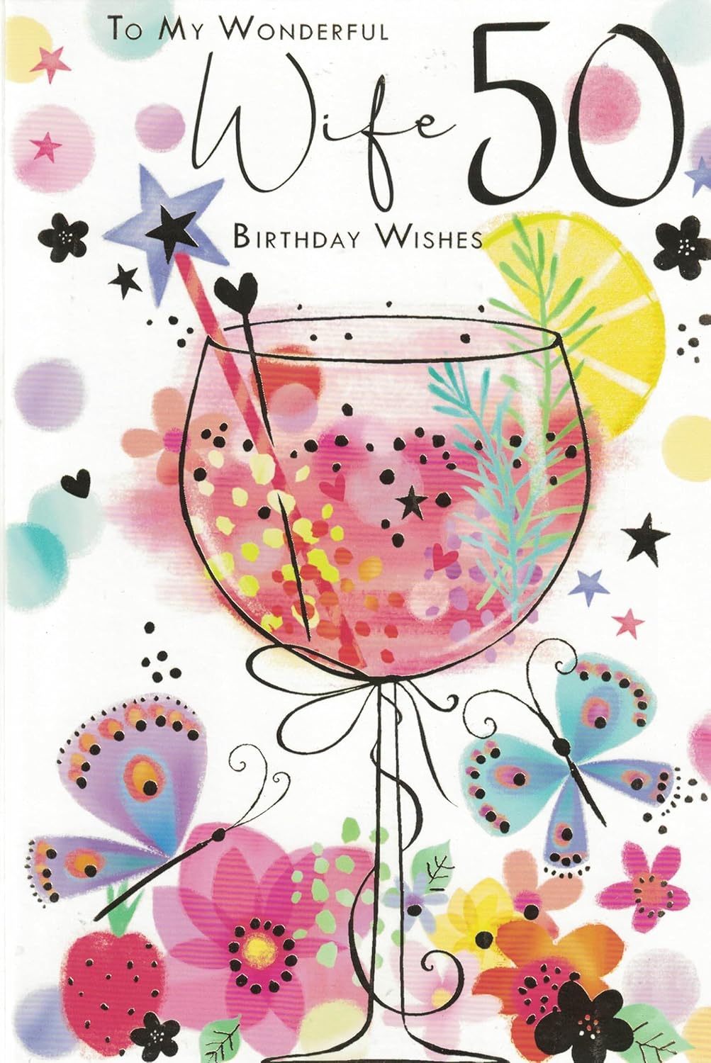 Kingfisher Wife 50th birthday greeting card featuring pink gin and cocktails design for milestone celebration.