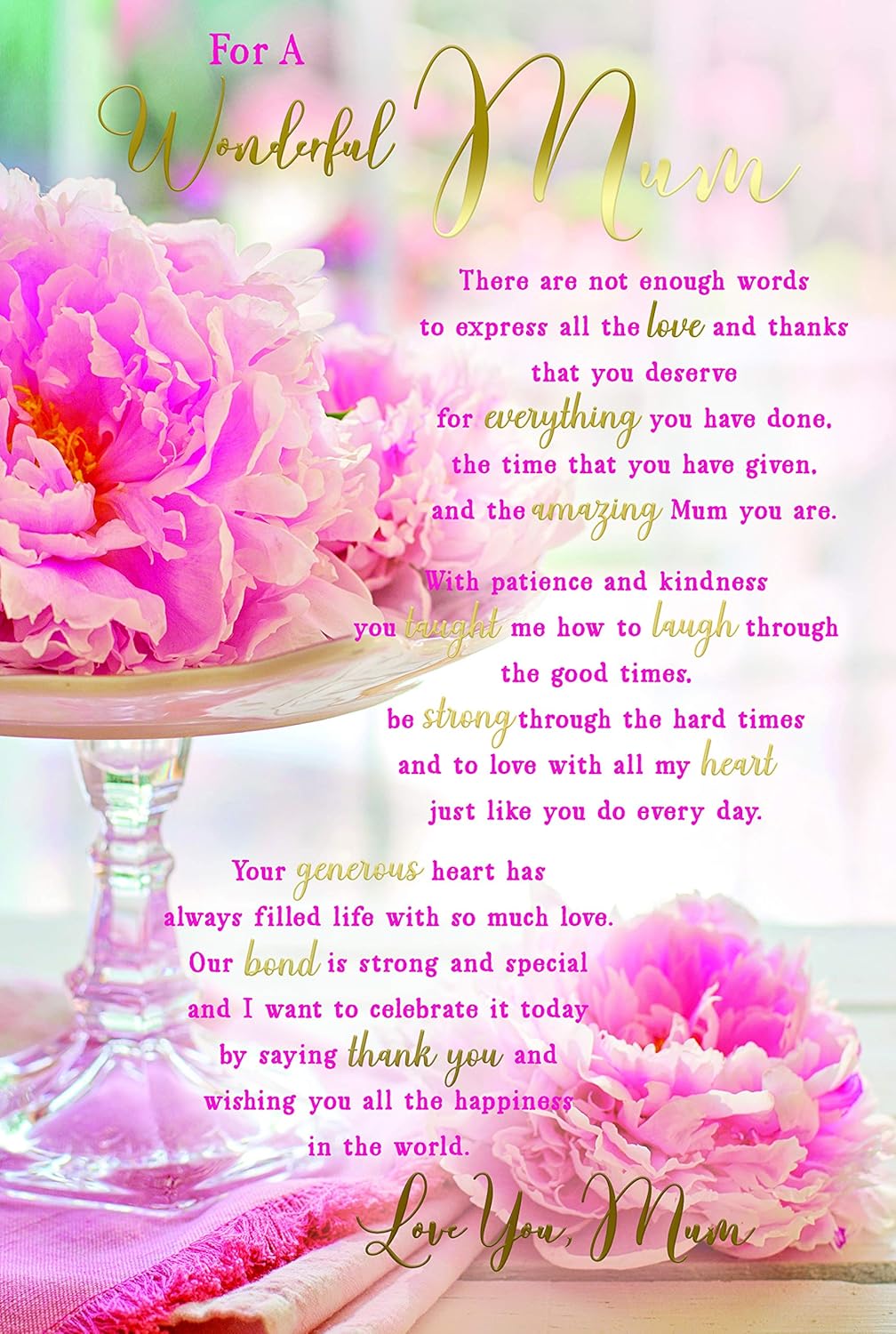 Kingfisher Wonderful Mum birthday greeting card with floral design and stand, featuring heartfelt sentiments for Mother's Day.