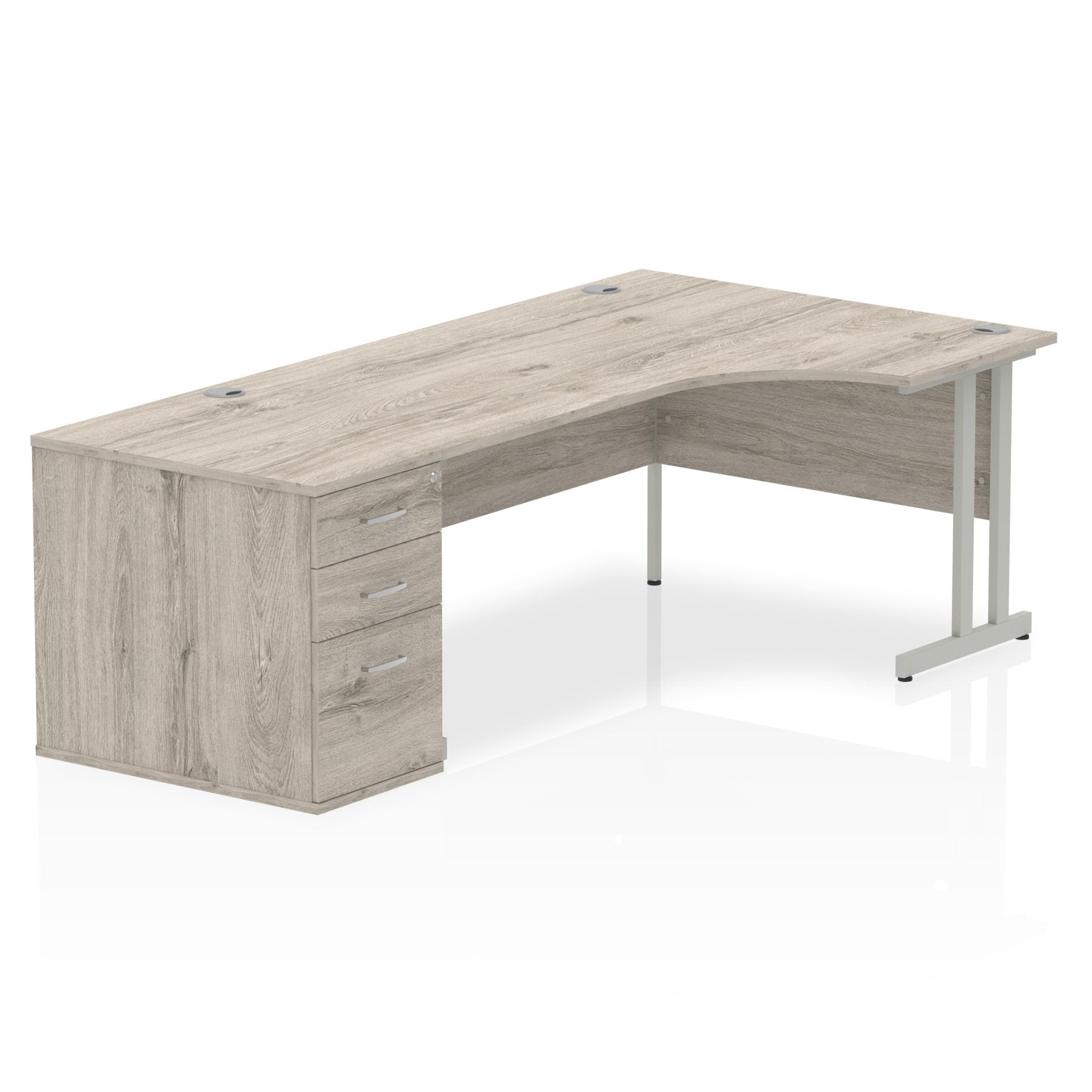 Dynamic Impulse 1800mm Right Crescent Desk Grey Oak Top Silver Cantilever Leg Workstation 800mm Deep Desk High Pedestal Bundle I003208 DD