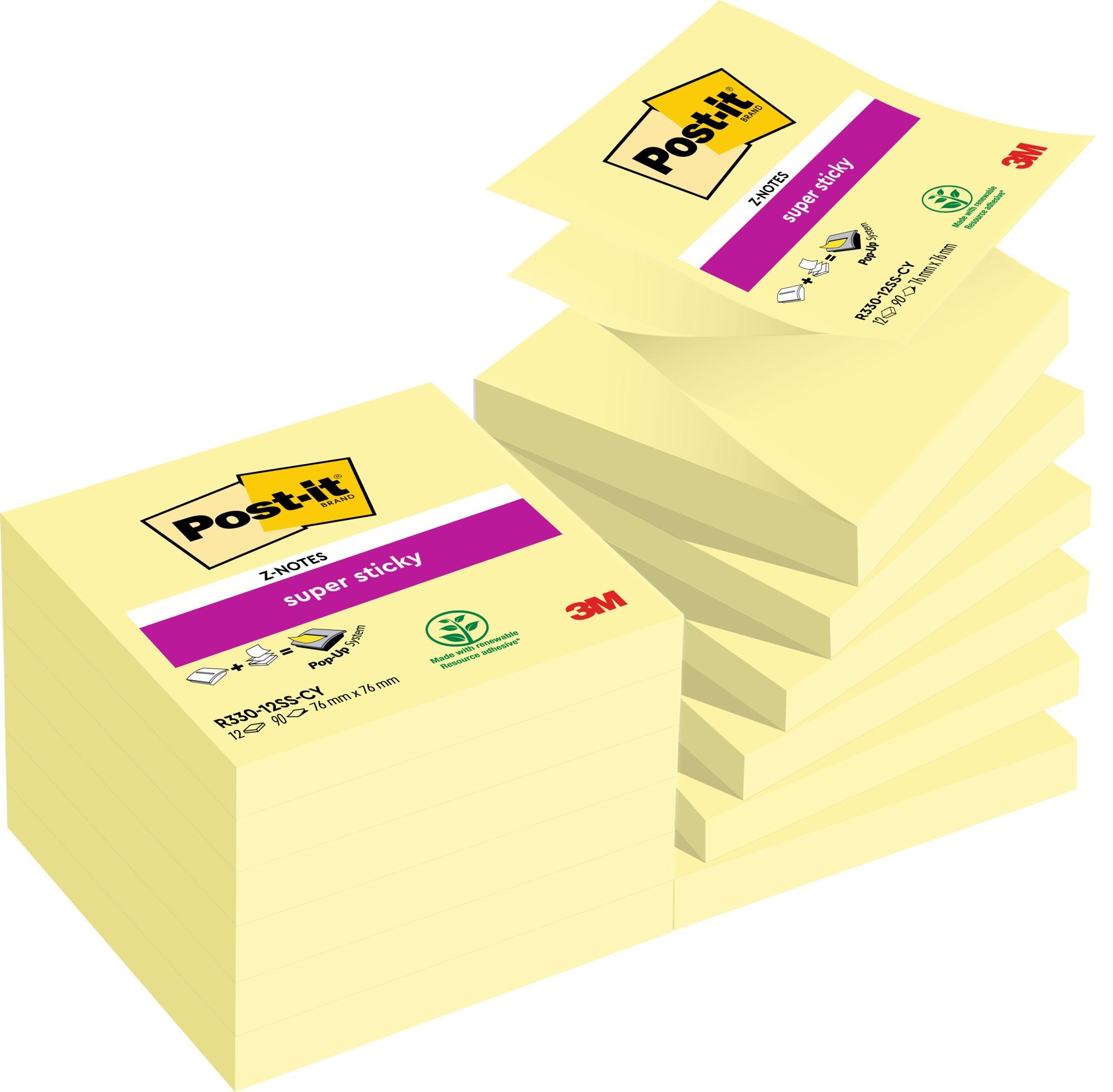 Post-it Super Sticky Z-Notes R330-12SS-CY Canary Yellow 76 mm x 76 mm 90 Sheets Per Pad (Pack 12) 7000048167