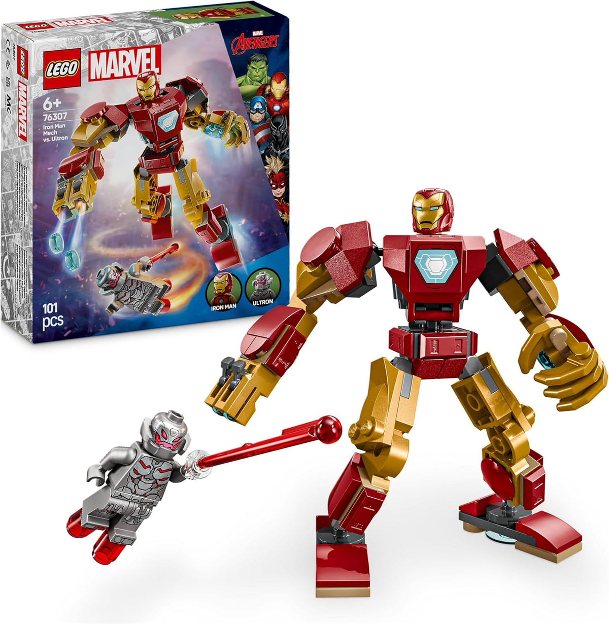 LEGO Marvel Iron Man Mech vs. Ultron building toy with detailed Iron Man and Ultron figures for creative play.