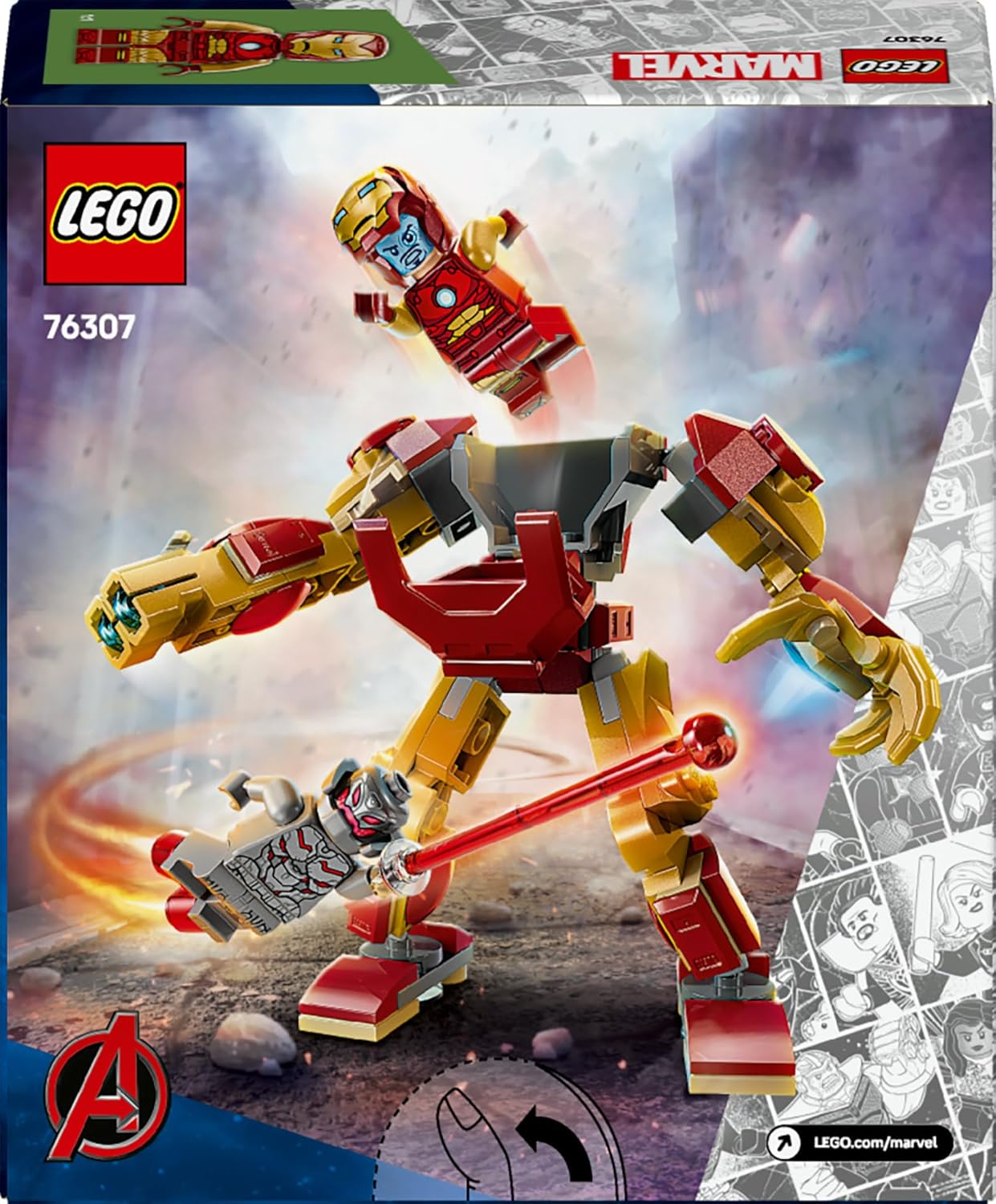 LEGO Marvel Iron Man Mech vs. Ultron building toy set featuring detailed Iron Man mech and Ultron figures for creative play.