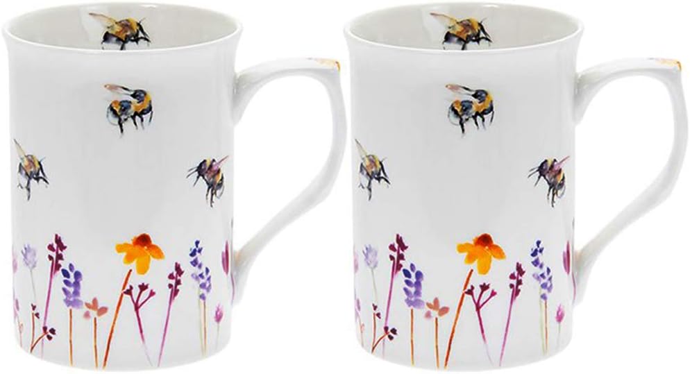 Set of two Lesser & Pavey Busy Bees mugs featuring colorful bee and floral designs, perfect for tea or coffee.