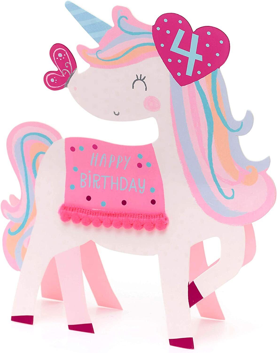 4th Birthday Card - Girls Birthday Card - Unicorn Birthday Card - Kids Birthday Card, bluepinkredwhite