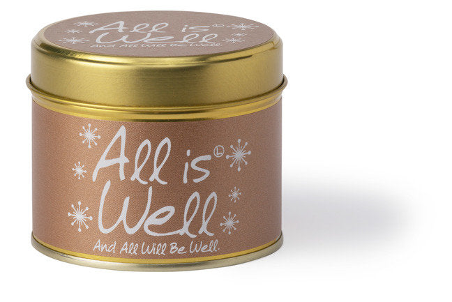 Lily-Flame All Is Well scented tin candle for home fragrance, featuring a decorative design on a metal container.