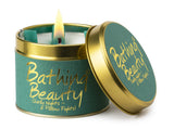 Lily-Flame Bathing Beauty scented tin candle with floral design, perfect for home fragrance and relaxing ambiance.