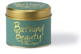 Lily-Flame Bathing Beauty scented tin candle with floral design, perfect for home fragrance and cozy ambiance.
