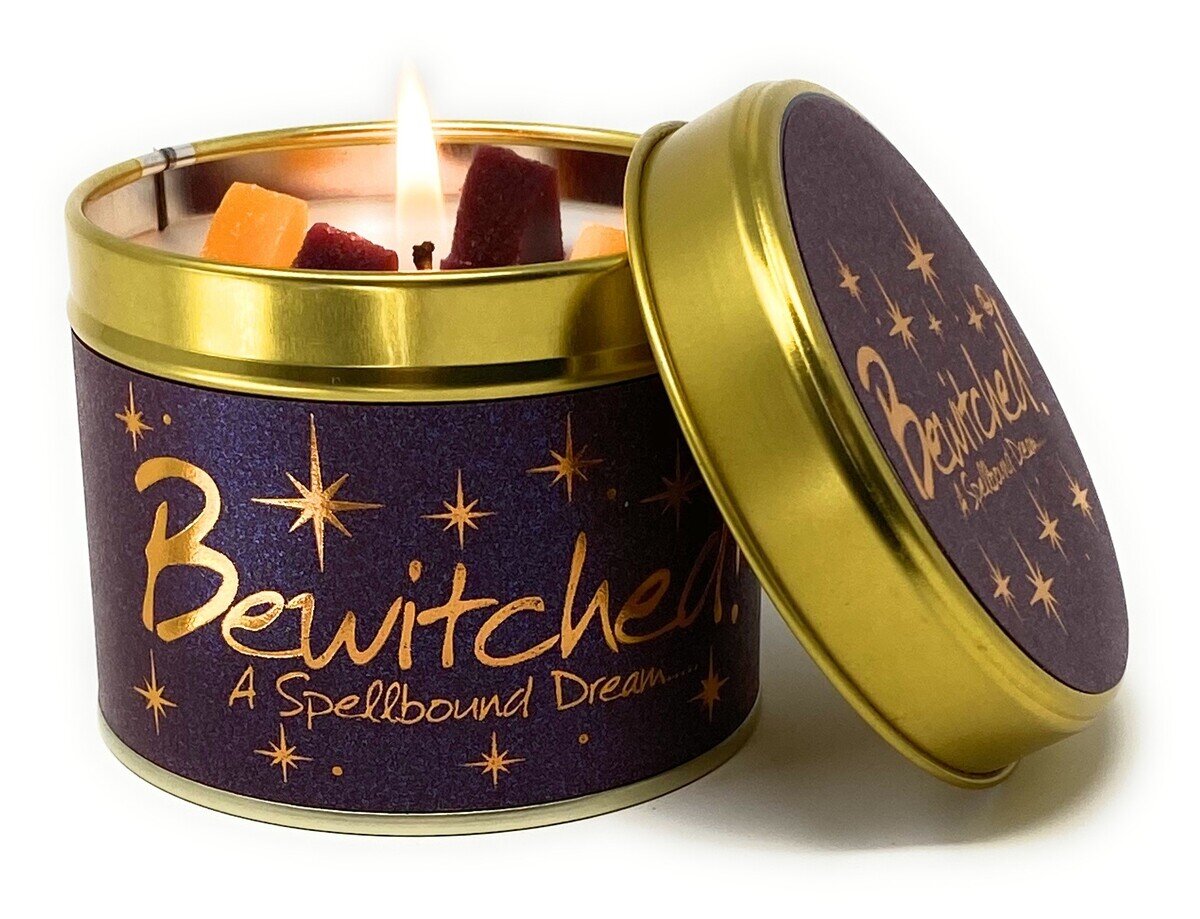 Lily-Flame Bewitched scented tin candle with witch and moon design, perfect for home fragrance and cozy ambiance.