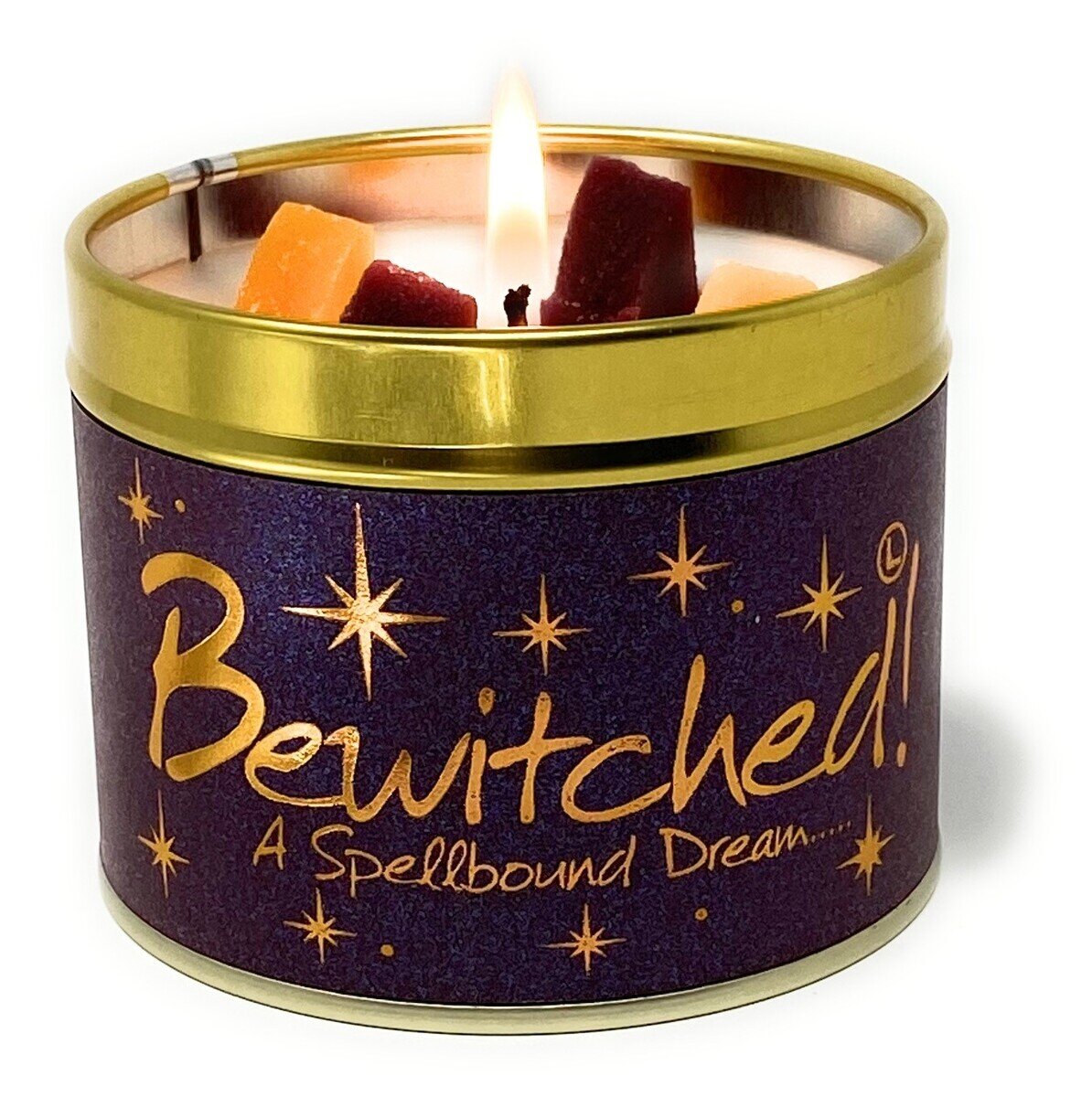 Lily-Flame Bewitched scented tin candle with witch and moon design, perfect for home fragrance and cozy decor.