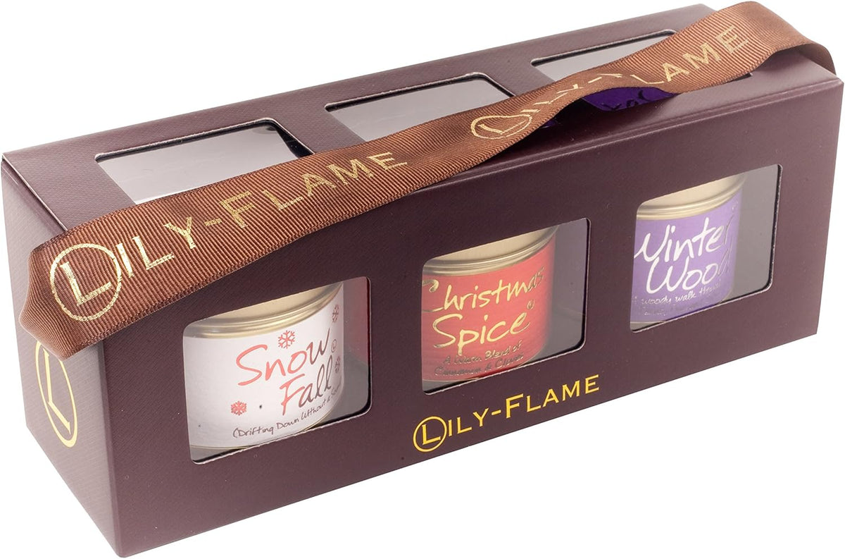 Lily-Flame Christmas Mini Trio Gift Set featuring festive home fragrances in small decorative tins